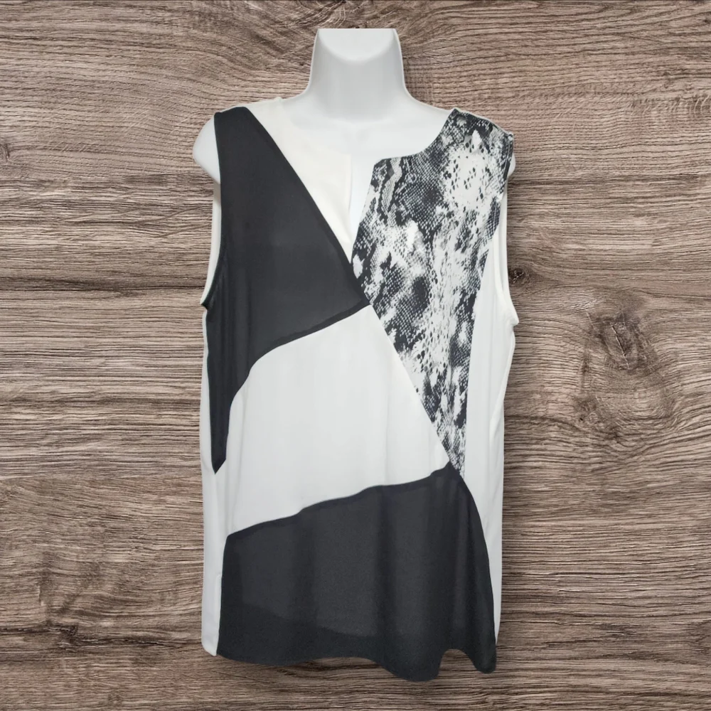 Calvin Klein Black, White, and Snakeskin Color Block V-neck Sleeveless Top